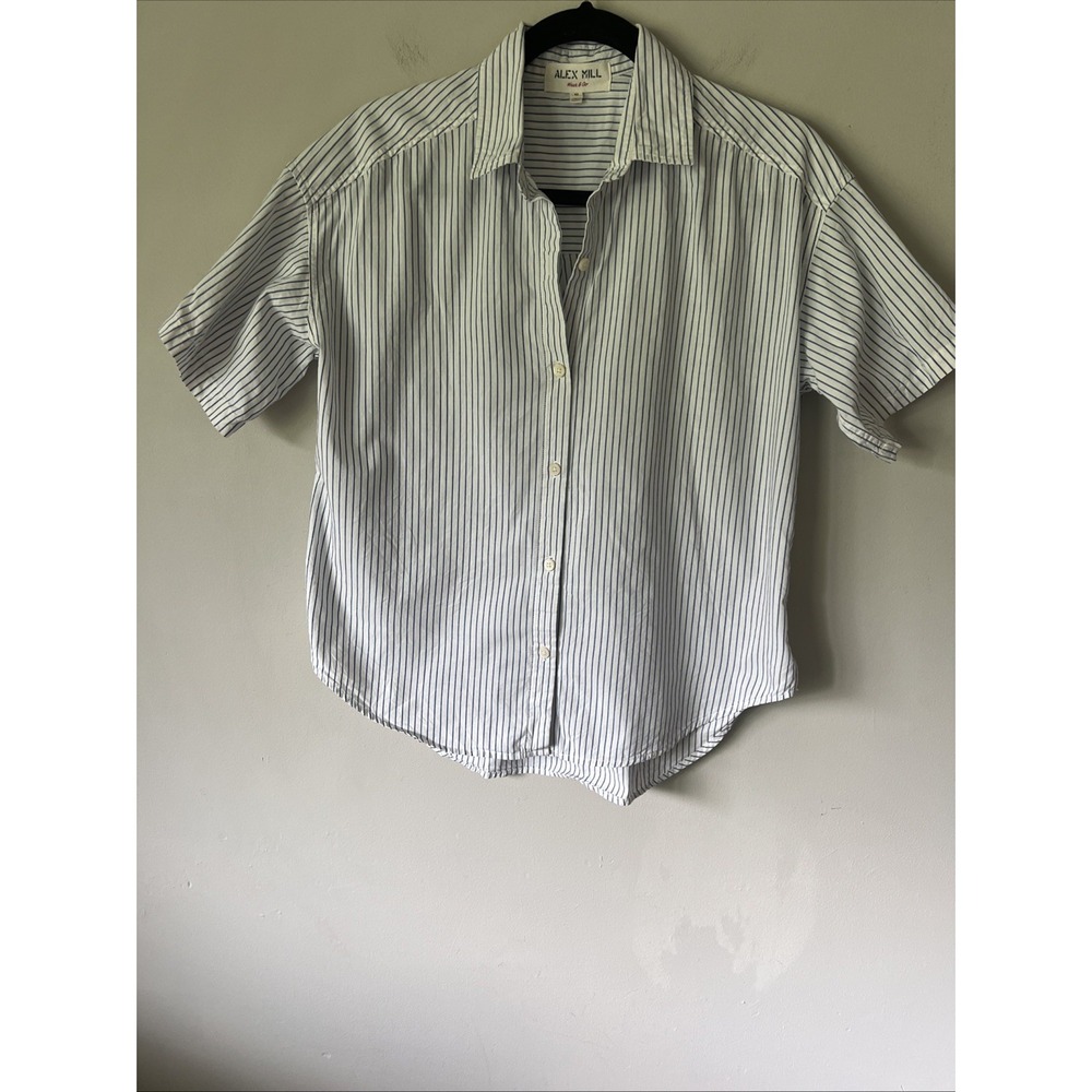 Alex Mill Women's Size S Button Up Short Sleeve Shirt White Blue Stripe Summer